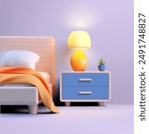 Bedroom, 3D rendering. A bed, a sideboard, a lamp, a plant in a pot. Modern cozy design, for the concepts of home, hotel, hostel, rest. Vector
