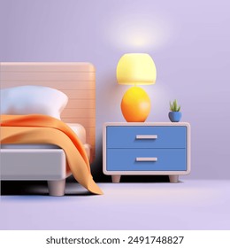 Bedroom, 3D rendering. A bed, a sideboard, a lamp, a plant in a pot. Modern cozy design, for the concepts of home, hotel, hostel, rest. Vector