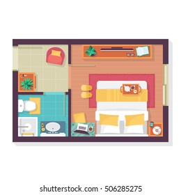 Bedroom and bathroom floor plan top view. Furniture set for interior design. Isolated vector illustration