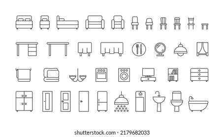 Bedroom and bathroom furniture line icon set. Single and double bed, sofa, shower, bath, accessories. Linear furniture for interior house, plumbing, home appliances. Vector outline sign