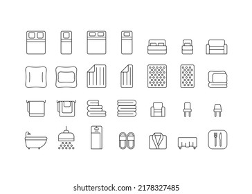 Bedroom and bathroom line icon set. Single and double bed, cushion, blanket, pillow, mattress, sofa, shower, bath, accessories. Furniture for interior, plumbing, house textile. Vector outline sign