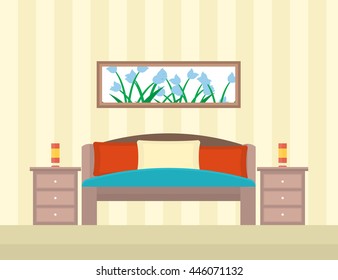 bedroom with a bed, bedside tables, pillows, lamps, pictures, vector illustration in flat style