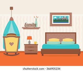 Dormitorio con cama y cuna. La guardería y el interior del dormitorio. Ilustración vectorial de estilo plano.