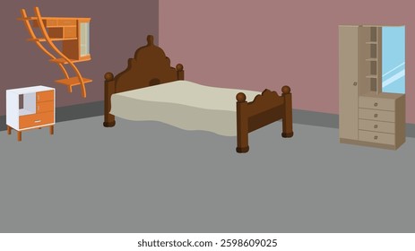 A bedroom with a bed, dresser, and nightstand. The bed is brown with a white bedsheet. Indian village house vector illustration