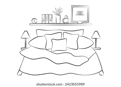 Bedroom. A bed and lots of pillows, bedside tables and lamps, a shelf on the wall with books. Linear style