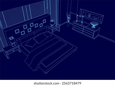 Bedroom with a bed, nightstand, and dresser. The bed is blue and the nightstand is blue