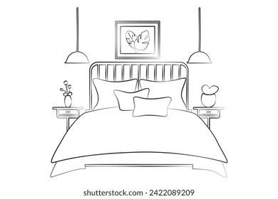 Dormitorio. Cama con almohadas. Mesas y lámparas de cabecera. Estilo lineal en un fondo blanco