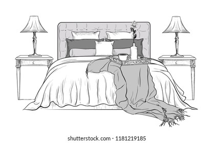 
Bedroom. Bed with pillows, blankets, bedside tables with lamps and a tray with a cup of coffee and a rose in a vase.Hand-drawn vector illustration in vintage style. Interior sketch. 
 
