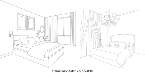 bedroom with bed, sketch, isolated, vector