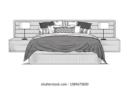 
Bedroom. Bed with soft headboard and pillows, bedside tables with a lamps .
Hand-drawn vector illustration in vintage style. Interior monochrome sketch. Isolated image on a white background.
