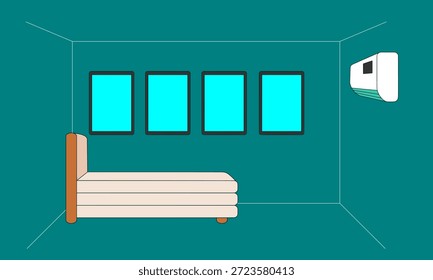 Um quarto com uma cama, uma janela e um ar condicionado branco. O quarto está vazio e o ar condicionado está desligado
