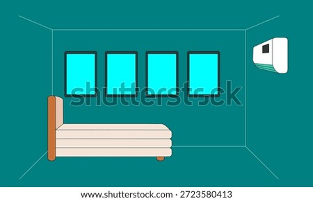 A bedroom with a bed, a window, and a white air conditioner. The room is empty and the air conditioner is turned off