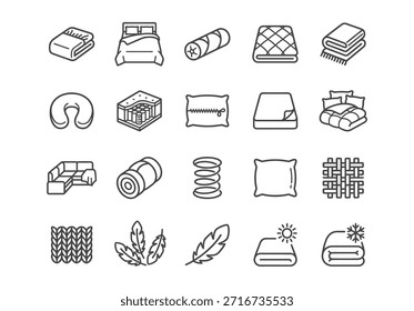 Bedroom and bedding line icon set. Vector illustration collection of beds, pillows, mattresses, blankets, textiles, feathers, and sleep-related symbols in minimalist black outline style.
