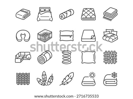 Bedroom and bedding line icon set. Vector illustration collection of beds, pillows, mattresses, blankets, textiles, feathers, and sleep-related symbols in minimalist black outline style.