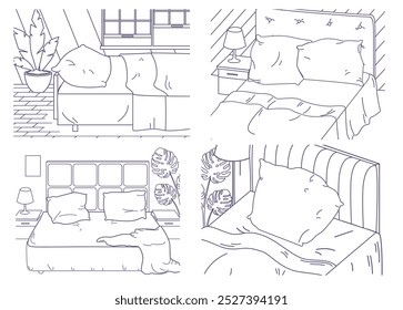 Dormitorio con juego de Vectores estilo línea de ropa de cama