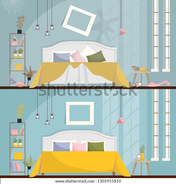 Bedroom Before After Cleaning Dirty Room Stock Vector