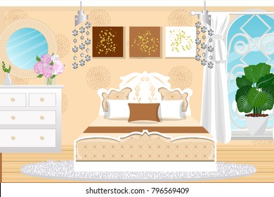 Bedroom in a beige color. Interior room with furniture, bed, dresser, plants, chandelier. Cartoon. Vector.