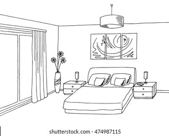 Bedroom black white graphic art interior sketch illustration vector