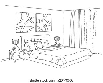 Bedroom black white graphic art interior sketch illustration vector