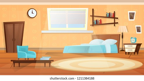 Bedroom in blue and orange colors, sunlight from the window. Modern interior living spaces. Joyful bright shades. Designer vector image.