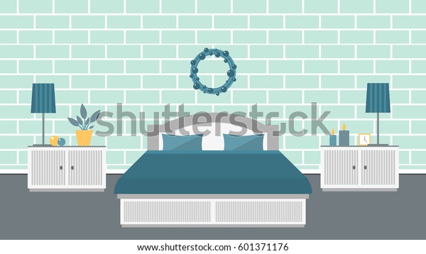 Bedroom Blue Turquoise Colors Vector Illustration Stock