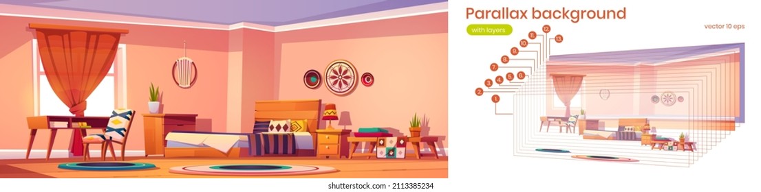 Habitación estilo boho con cama, escritorio, silla, moqueta redonda y decoración de macrame en la pared. Antecedentes vectoriales para animación 2d con interiores bohemios de dibujos animados con muebles de madera