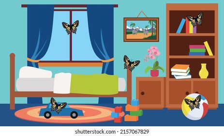 Bedroom with butterflies. Bed, window, closet, picture.
