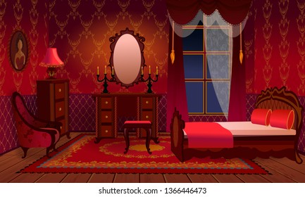 Bedroom cartoon classic Interior. Retro house with furniture.