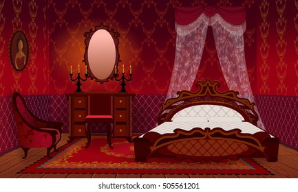 Bedroom cartoon interior house apartment. Retro interior in victorian style