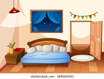 Bedroom cartoon style at night scene illustration