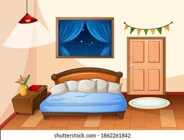 Bedroom cartoon style at night scene illustration
