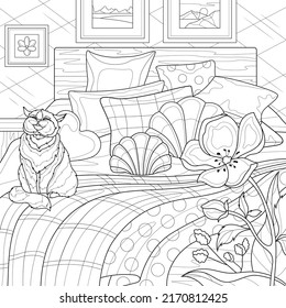 Dormitorio con un gato en la cama. Libro coloreado antiestrés para niños y adultos. Ilustración aislada sobre fondo blanco. Estilo zenano-margino. Dibujo manual