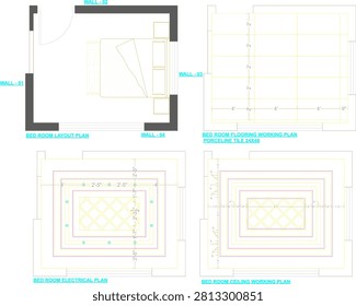 Bedroom ceiling working plan with room layout drawing and decorative false ceiling pattern design, architectural blueprint illustration for interior design and construction