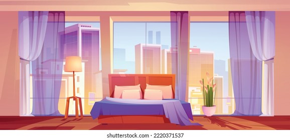 Bedroom with city view, home or hotel interior with double bed stand front of wide floor-to ceiling window. Room with modern furniture and floor lamp, suit, apartment, Cartoon vector illustration