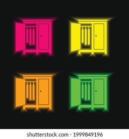 Bedroom Closet With Opened Door Of The Side To Hang Clothes four color glowing neon vector icon