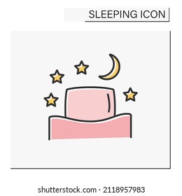 Bedroom Color Icon. Comfortable Bed For Sleep. Pillow And Blanket. Night Time. Sleeping Concept. Isolated Vector Illustration