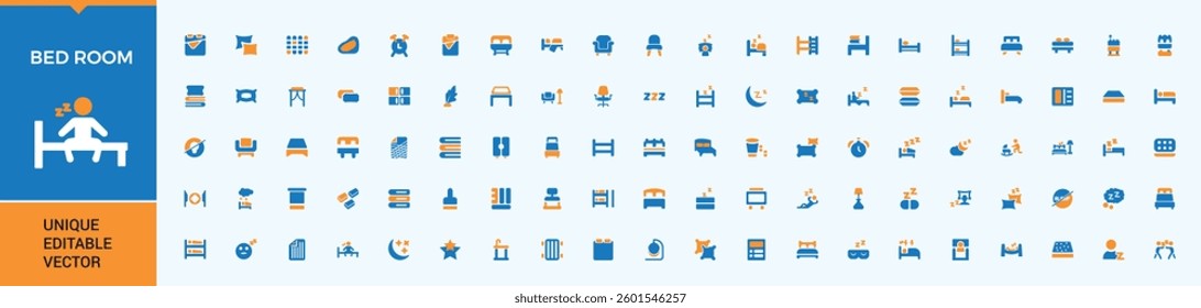 Bedroom colorful icon collection. Includes flat solid symbols sleeping pill, bedtime, bed, slipper and more. Bed Time related icon. Flat filled style icons. Vector illustration.