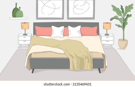 Bedroom Colorful Interior Illustration Line Art Vector Drawing and King Bed  Lamps Green Plants   Framed Art Wall 
