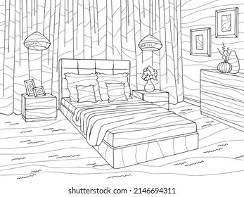 Bedroom coloring graphic black white home interior sketch illustration vector 