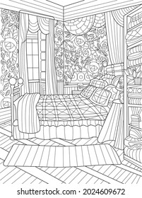 Bedroom Colorless Line Drawing Large Bed Open Windows Side Table Long Curtains. Bedchamber With Flowery Wallpaper Tall Cabinet Coloring Book Page.