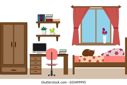 A bedroom with a computer desk vector interior illustration