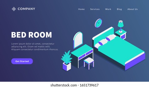 concepto de habitación con espejo de cama y armario para la plantilla de sitio web o la página de inicio de aterrizaje.