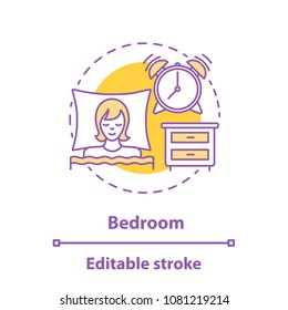 Bedroom concept icon. Rest time idea thin line illustration. Sleeping woman, alarm clock and commode. Vector isolated outline drawing. Editable stroke
