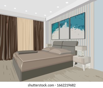 Interieur des Schlafzimmers mit modernem Design-Bett und Gemälden