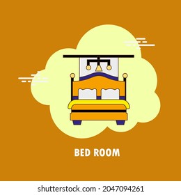 Bedroom with cot, pillow lamp flat concept vector design