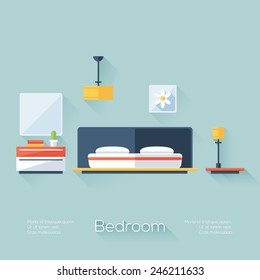 Bedroom Cover with Lamp, Chandelier and Nightstand. Flat Style with Long Shadows. Modern Trendy Design. Vector Illustration.