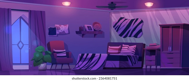Bedroom of cowboy or farmer at night. Room for rest and sleep with double bed, animal skin on wall, wardrobe and hat on bedside table, moonlight through large window. Interior of rural or ranch house.
