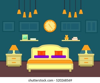 bedroom cozy room interior. vector illustration family room interior with bed and furniture set. night room interior.