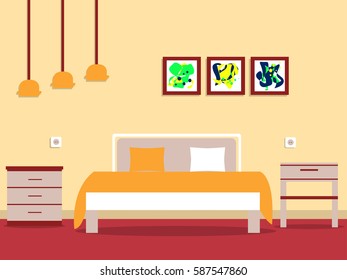 Bedroom with cupboard with display. illustration flat