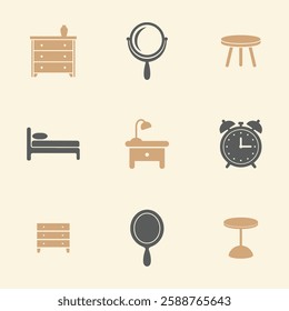 Bedroom Decor Icons Set. Editable vector icon. Perfect for web and app interfaces, presentations, info graphics, etc. in a Beige and Gray Color Scheme.
